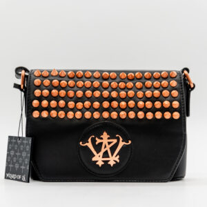 Black studded crossbody bag, rose gold logo.