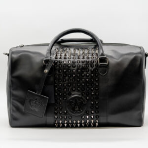 Black leather duffel bag with studs.