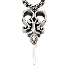 Intricately designed silver pendant resembling a pair of scissors on a chain.
