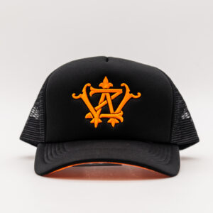 Black trucker hat with orange logo.