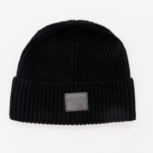 Black ribbed knit beanie with logo.