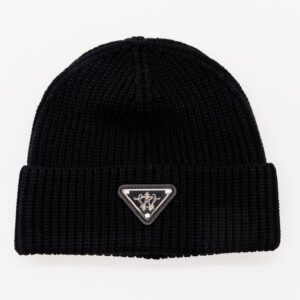 Black ribbed knit beanie with Prada logo.