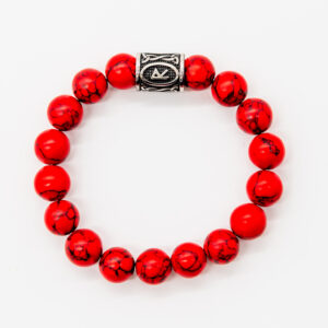 Red beaded bracelet with silver clasp.